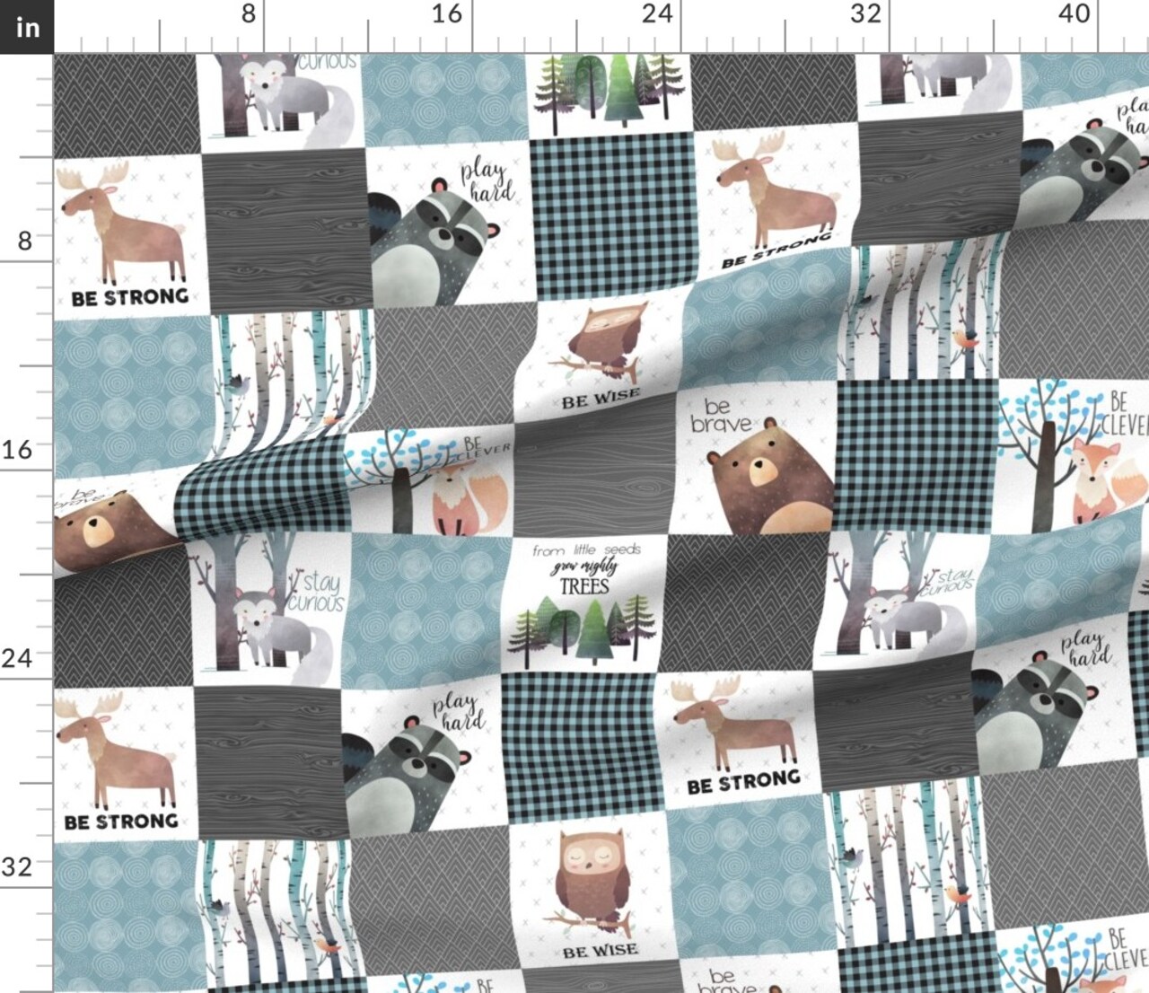 Various Fabrics by the Yard or Fat Quarter Woodland Patchwork Quilt Bear Moose Fox Raccoon Wolf Gray & Blue Animals Boy Nursery Custom Printed Fabric by Spoonflower